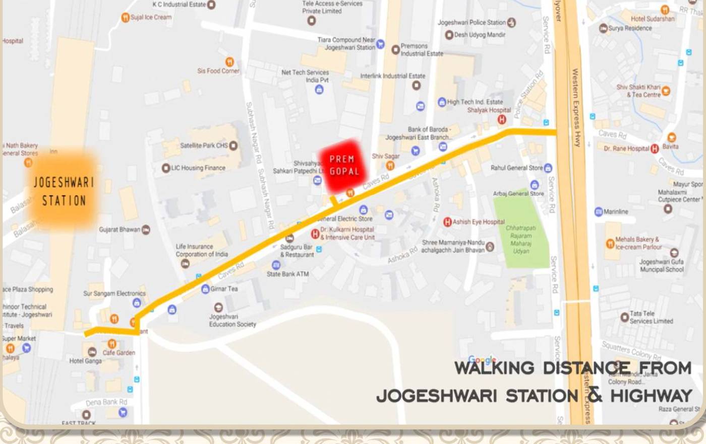 Map showing Prem Gopal's location on Caves Road near Jogeshwari Station and the Western Express Highway